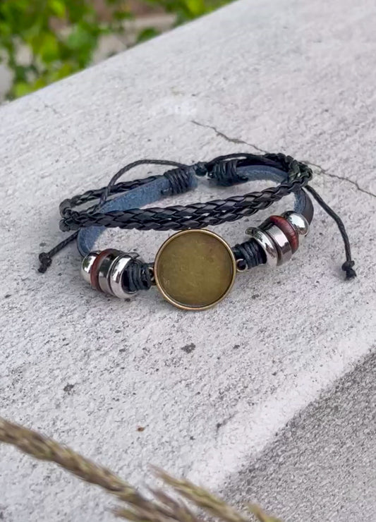 Adjustable Leather Braided Bracelet with Bronze Settings